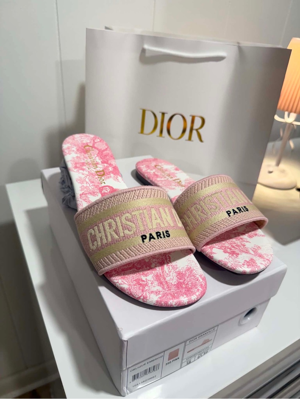 Dior Pink Toile Slide Sandals with Embroidered Christian Dior Strap